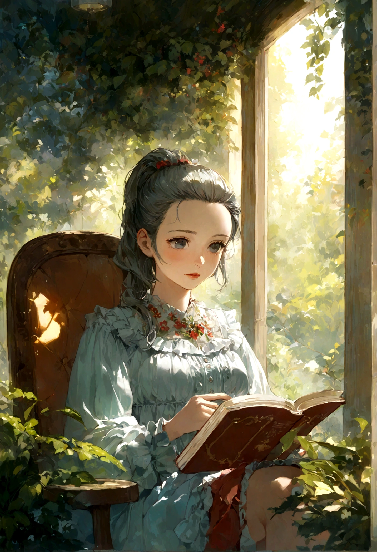 (ponytail forehead hair pulled back:1.3), there is a woman sitting in a chair reading a book, cottagecore hippie, summer morning light, amongst foliage, indoor setting, dreamy atmosphere, sitting in a cafe alone, sitting alone in a cafe, korean artist, mid shot portrait, cottagecore, dreamy ethereal vibe, large portrait, adorned with all kind of plants, lofi portrait at a window