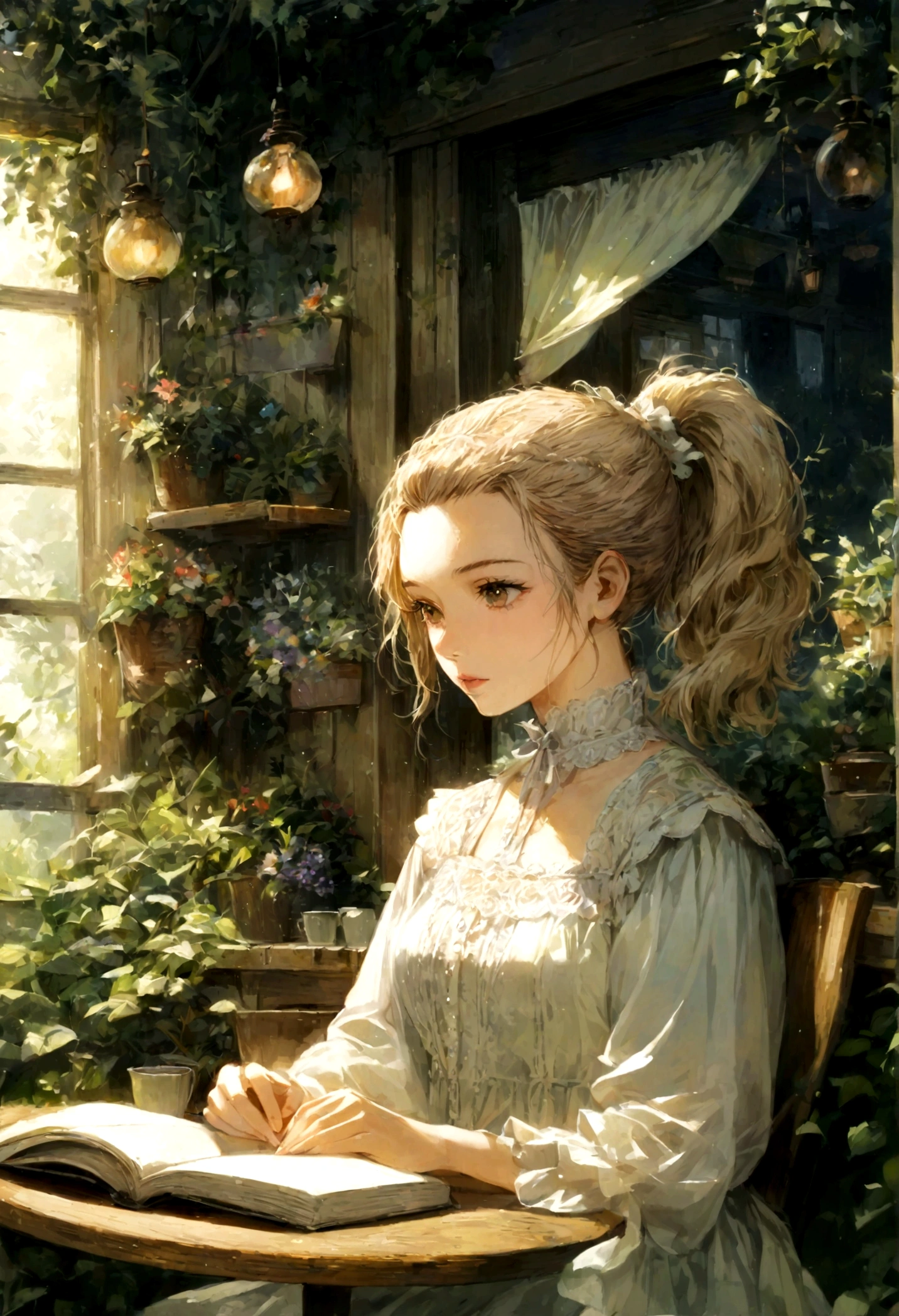 (ponytail forehead hair pulled back:1.3), there is a woman sitting in a chair reading a book, cottagecore hippie, summer morning light, amongst foliage, indoor setting, dreamy atmosphere, sitting in a cafe alone, sitting alone in a cafe, korean artist, mid shot portrait, cottagecore, dreamy ethereal vibe, large portrait, adorned with all kind of plants, lofi portrait at a window