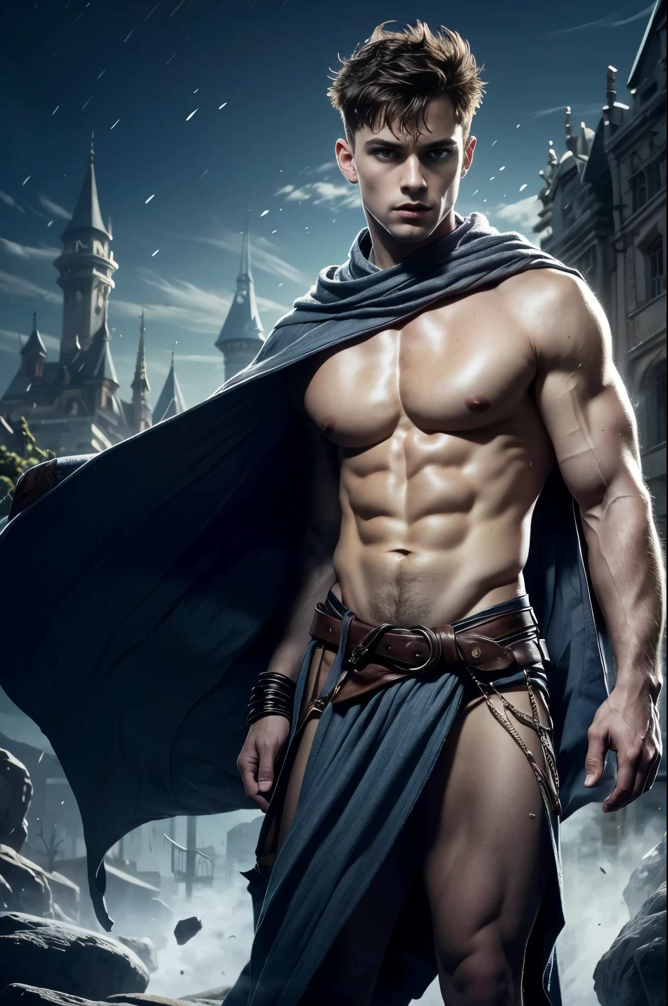 Photo-realistic, ((best quality)), ((masterpiece)), (detailed), masculine portrait of a young wizard,18-year-old male models, handsome young, tall, cute looking, cute look, evil looking, powerful wizard, young male model, handsome, clean shave face, handsome model, clean shave, blue eyes, (wavy messy short hair:1.2), short wavy messy silver hair, messy wavy hair, short hair, super strong, muscular, fit, lean muscles, six pack, shirtless, -chested, pantless, muscle, ripped, strong body, fit body, half-, , ripped, strong body, fit body, great , amazing arms, wizard cloak, wizard robe, magic wand, magical powers, wizard world, spartan loincloth, magical antique draped cloth skirt, snowy forest, old castle background, 8k, high detailed, ultra-detailed, Stylish Pose, real skin texture, dark cinematic lighting, wild wind,
