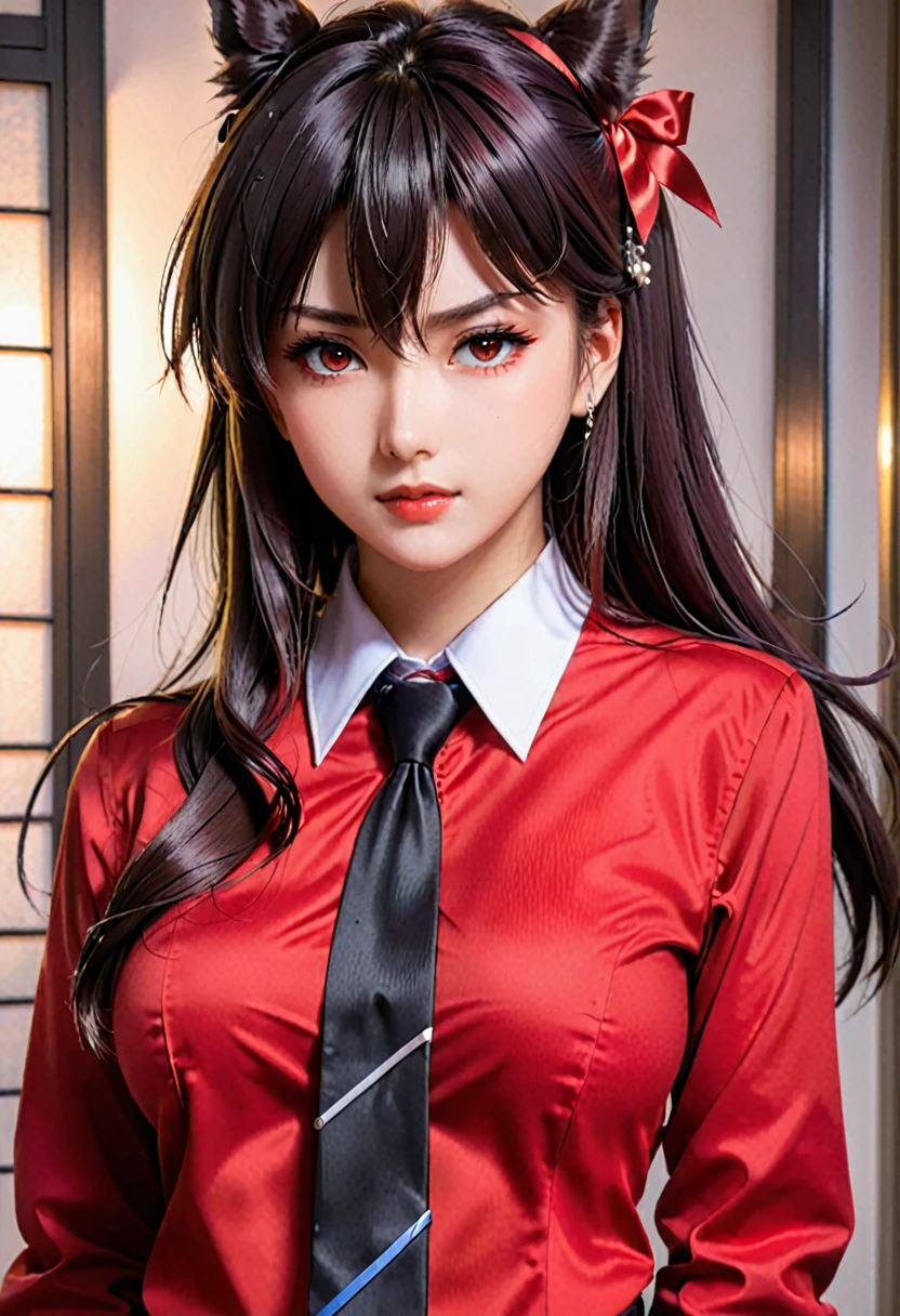 anime girl in red shirt and black tie posing for a picture, by Yang J, extremely detailed artgerm, rin tohsaka, artgerm jsc, artwork in the style of guweiz, beautiful digital artwork, artgerm. high detail, range murata and artgerm, style artgerm, ig model | artgermTentacleHorrorAI Cidade Antiga TOTORO