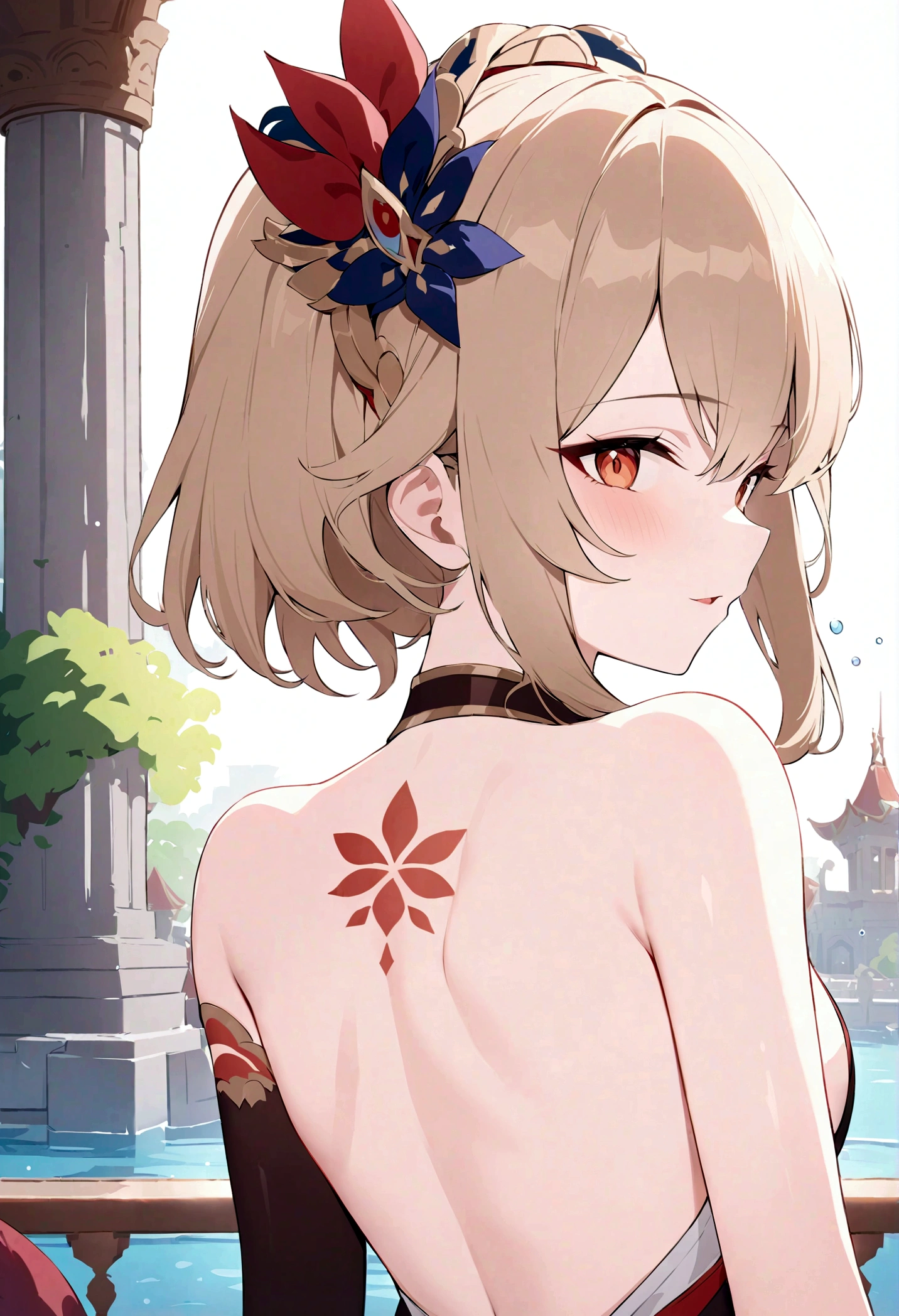 masterpiece, best quality, high resolution,Genshin Impact ,About Palace, 1 girl,Back tattoo,Looking Back,