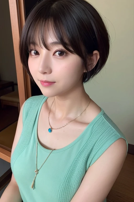 (highest quality、8k、32k、masterpiece、Hmph:1.2)、Photo of beautiful Japan woman in her 30s、very short hair、short hair、Shortcuts、Upper Body、necklace、Shooting from above、Don&#39;t look at the camera、(Realistic、Photorealistic:1.37)、1 girl、Photographed in natural light、Physically Based Rendering、Excellent image quality、High resolution、1080p、(Detailed facial depiction)、(Detailed description of the hands)、(Detailed CG)、Rich details、(exquisite features)、(Best image quality)、(masterpiece)、(Beautiful Eyes)、Delicate clavicle、Various poses、profile、White wall、In front of a white door、(窓のあるWhite wallの部屋)、Earrings、Laughter、Spring Clothes、((Long sleeve dress))