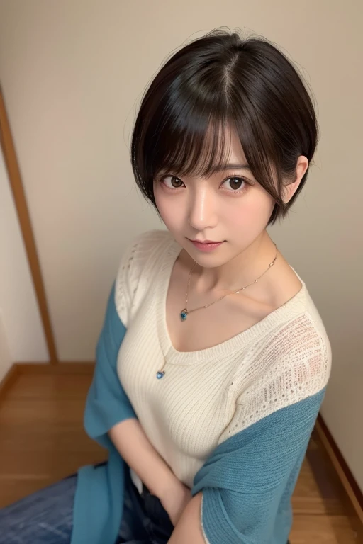 (highest quality、8k、32k、masterpiece、Hmph:1.2)、Photo of beautiful Japan woman in her 30s、very short hair、short hair、Shortcuts、Upper Body、necklace、Shooting from above、Don&#39;t look at the camera、(Realistic、Photorealistic:1.37)、1 girl、Photographed in natural light、Physically Based Rendering、Excellent image quality、High resolution、1080p、(Detailed facial depiction)、(Detailed description of the hands)、(Detailed CG)、Rich details、(exquisite features)、(Best image quality)、(masterpiece)、(Beautiful Eyes)、Delicate clavicle、Various poses、profile、White wall、In front of a white door、(窓のあるWhite wallの部屋)、Earrings、Laughter、Spring Clothes、((Long sleeve dress))