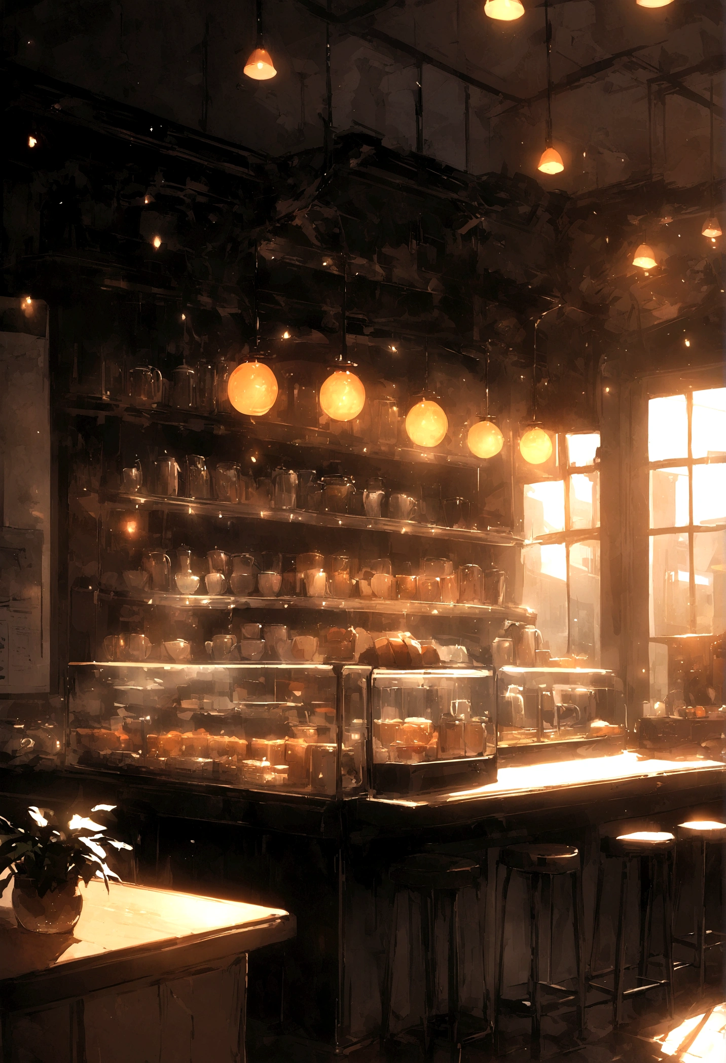 best quality,A high-quality coffee shop,Have nice atmosphere lighting,High-end decoration,High space utilization