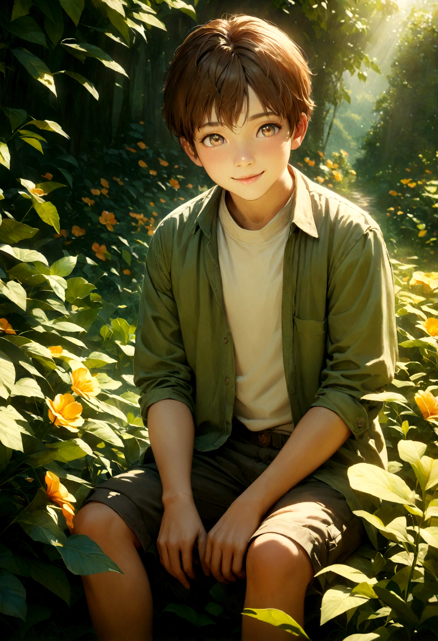 A young boy, detailed facial features, beautiful eyes, cute smile, short brown hair, sitting outdoors in a lush green garden, surrounded by flowers, sunlight filtering through the leaves, cinematic lighting, warm color tones, detailed textures, photorealistic, highly detailed, 8k, masterpiece
