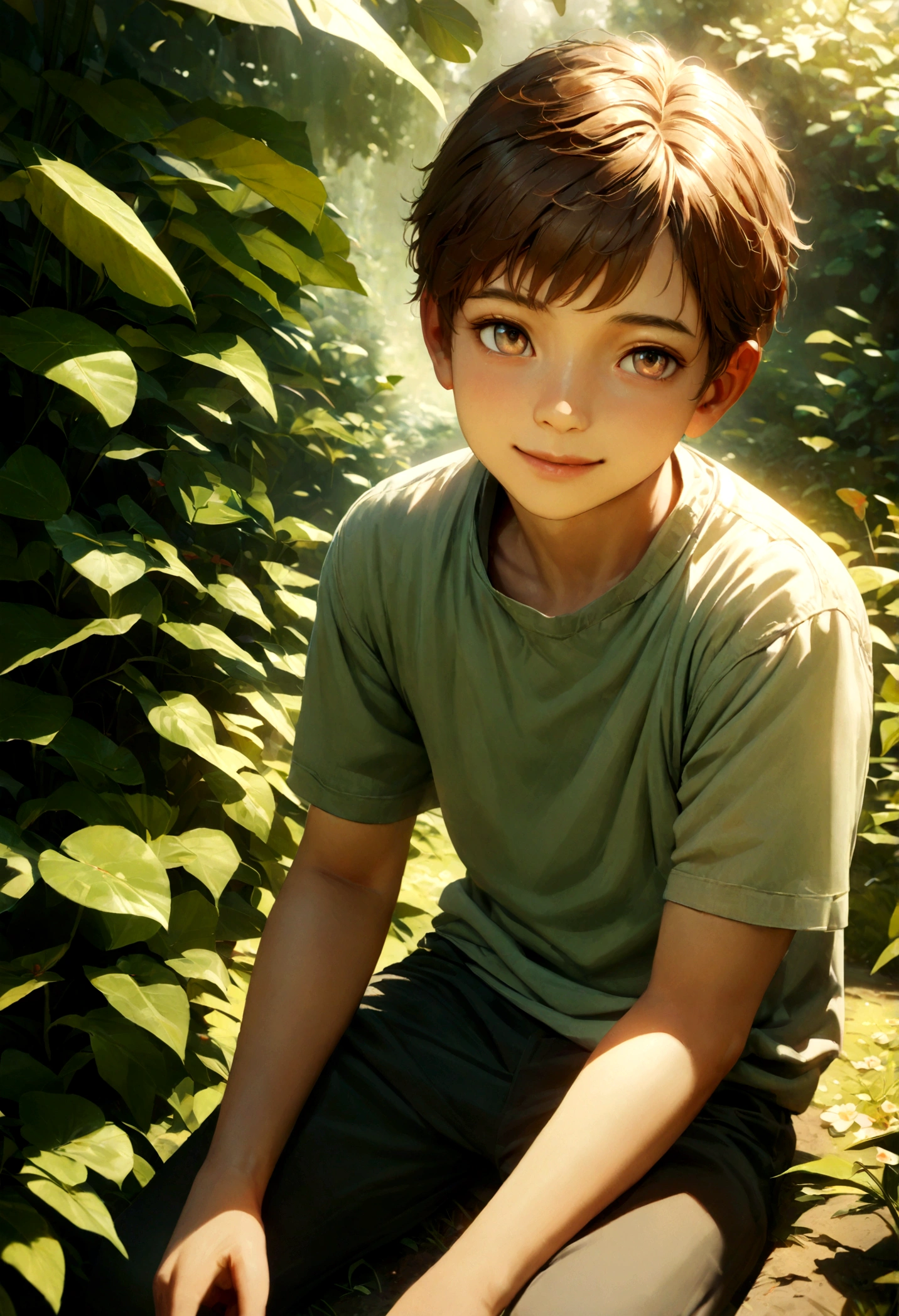 A young boy, detailed facial features, beautiful eyes, cute smile, short brown hair, sitting outdoors in a lush green garden, surrounded by flowers, sunlight filtering through the leaves, cinematic lighting, warm color tones, detailed textures, photorealistic, highly detailed, 8k, masterpiece
