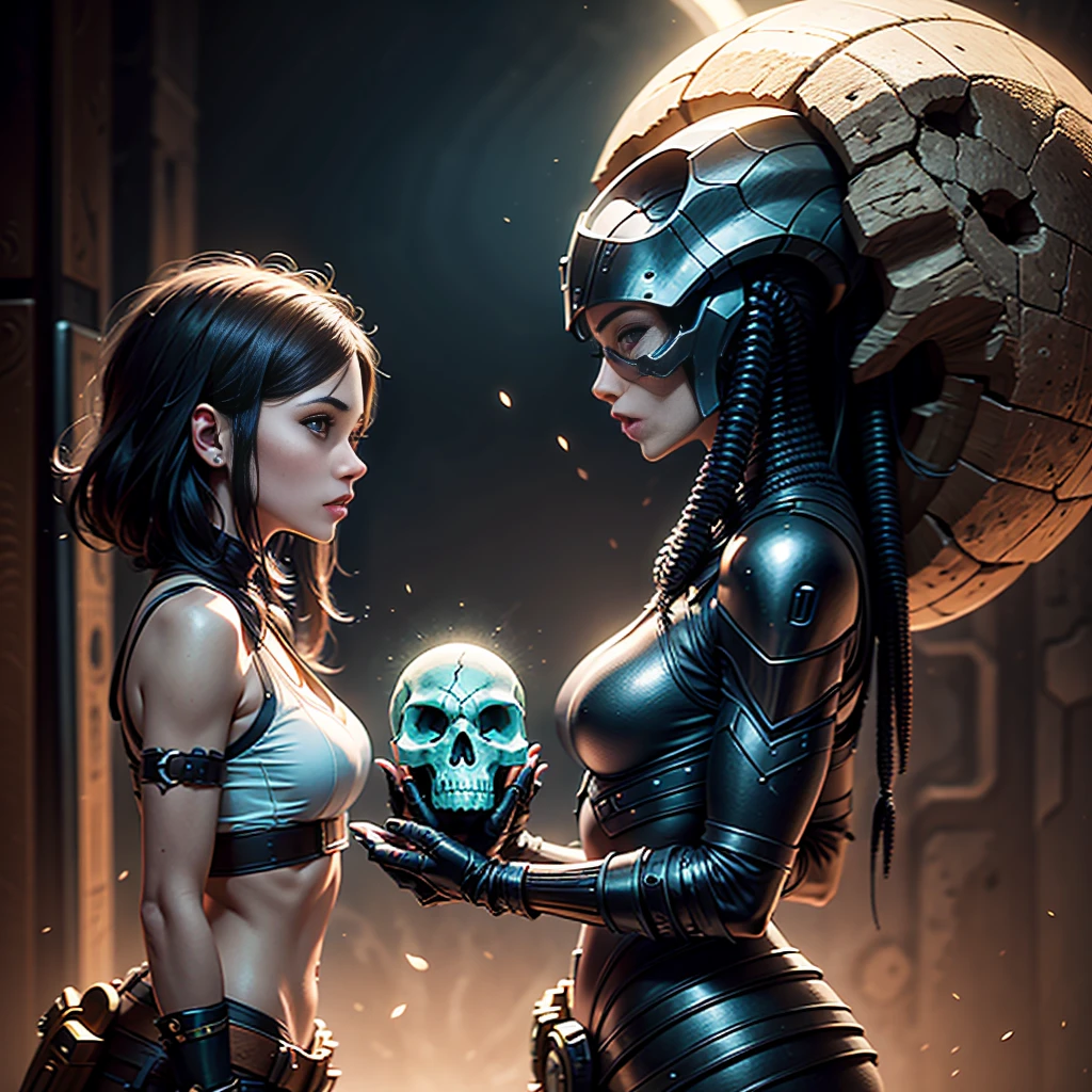 a female warrior is holding a Aliens's skull in her hand and talking to it