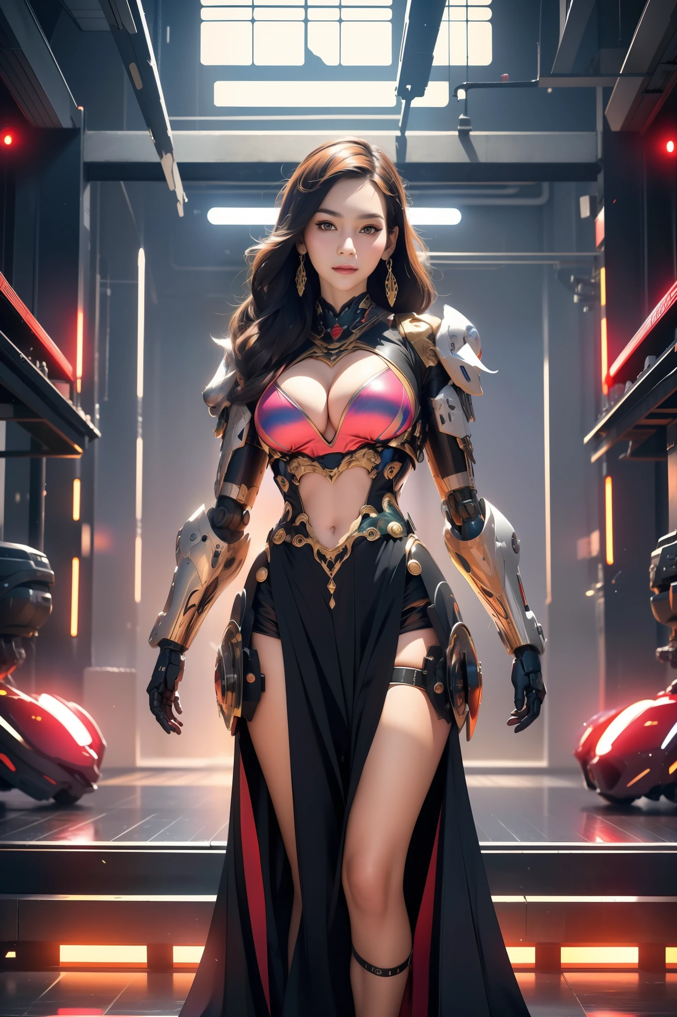 ((masterpiece, best quality)),illustration,ultra detailed 8k,(detailed face), photorealistic,sharp focus,highly detailed,professional lighting,colorful details,iridescent colors BREAK extreme long shot of a factory,large mechanical robot construction,microchip,computer,glowing,intricate details,shitu-mecha,1girl is standing back turned in front of the audience,Navel