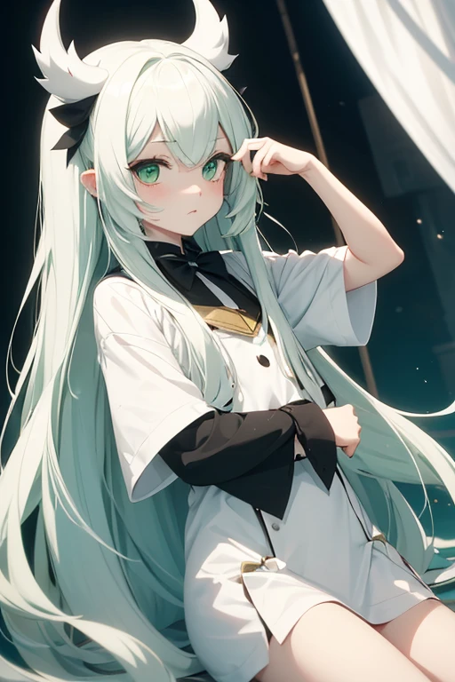 A three year old ??? with white long hair, fair skin, green eyes and short white horns, they have a big white kemono and they are androgynous 
