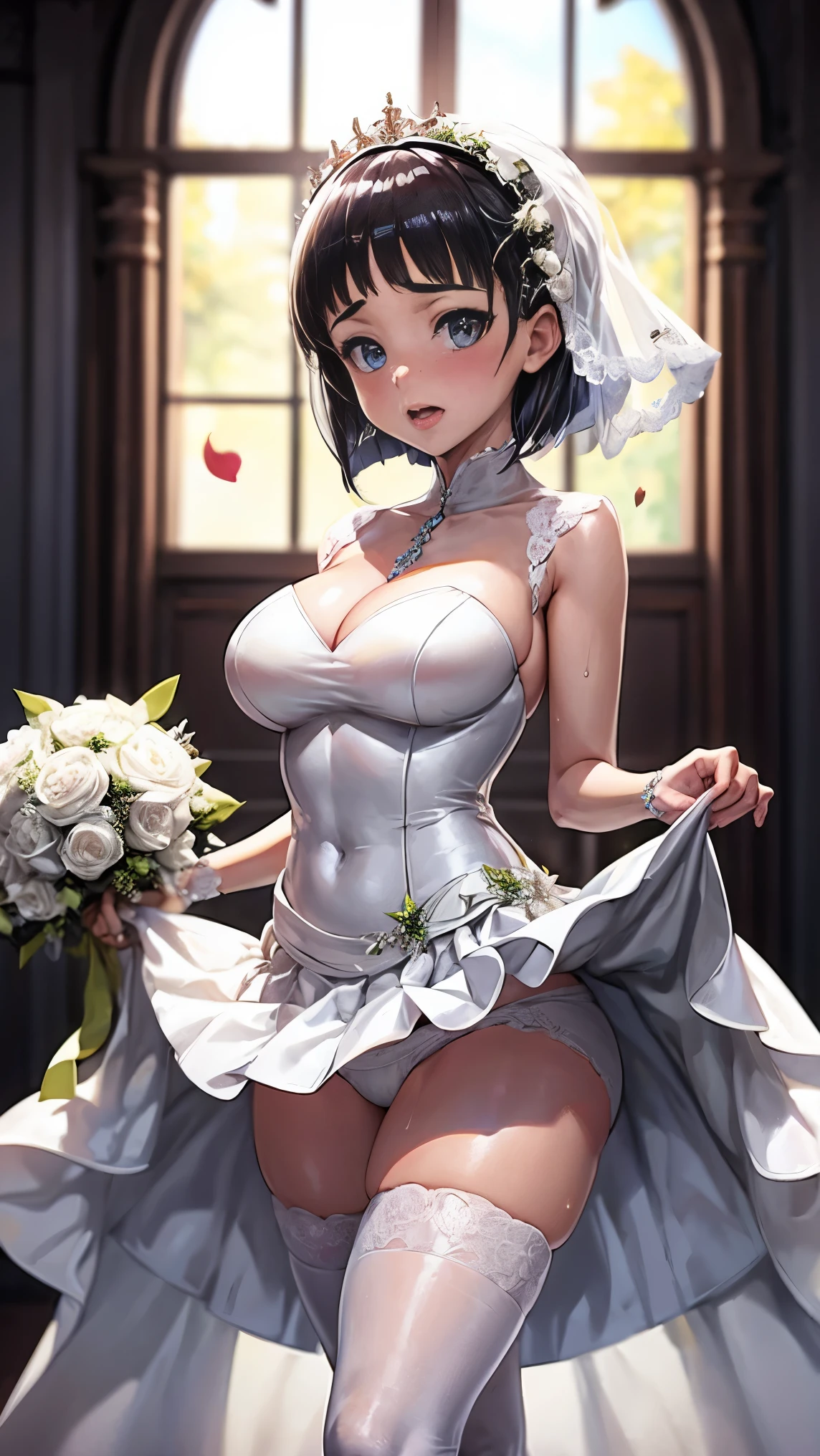 highest quality,masterpiece,8k,((((1girl)))),big breasts,orgasm,blush,sweat,zodiac_suguha,black hair,short hair,((wedding dress:1.3)),mini skirt,lift skirt,upskirt,white panties,white thighhighs