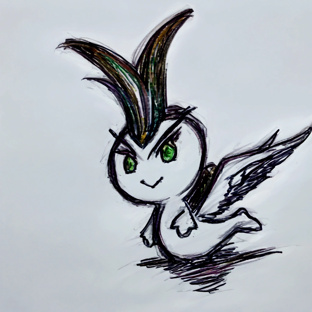 reimagine this animal that doesn't exist, tem a pele de seu corpo rosa e olhos chibi, asas de anjo, cabelo estilo moicano simples, enhance image, remove noise, place the sky with aurora borealis in the background, colorful, epic, vfx