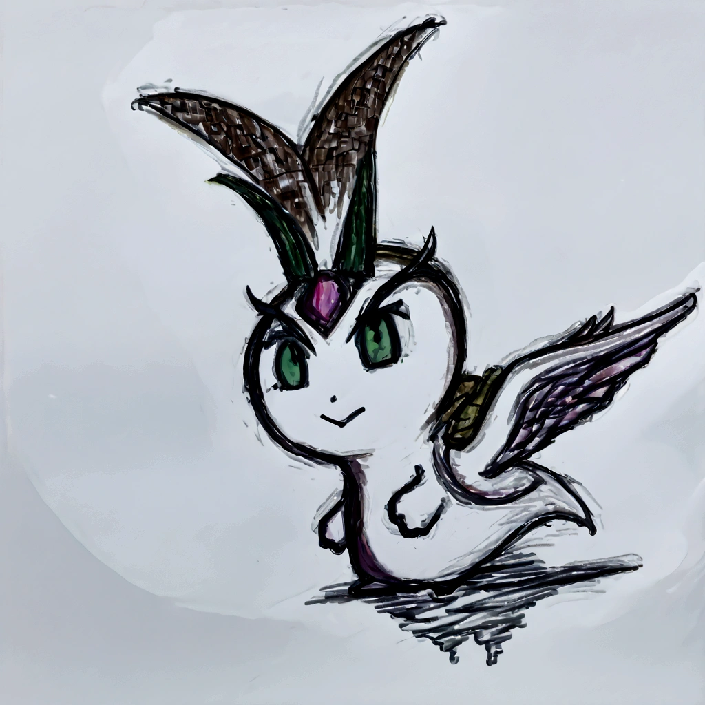 reimagine this animal that doesn't exist, tem a pele de seu corpo rosa e olhos chibi, asas de anjo, cabelo estilo moicano simples, enhance image, remove noise, place the sky with aurora borealis in the background, colorful, epic, vfx