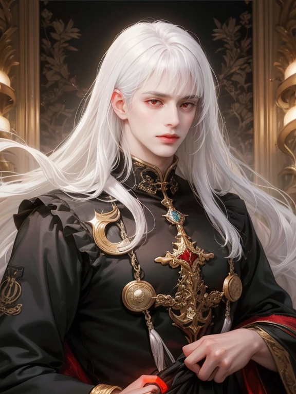 ((pale skin)) ((ceo medical male)) (((male with sharp siren eyes)))(((very red eyes)))((((very white white hair glowing))))(((blunt blunt bangs))) ((long wavy hair)) ((lean broad shoulders))