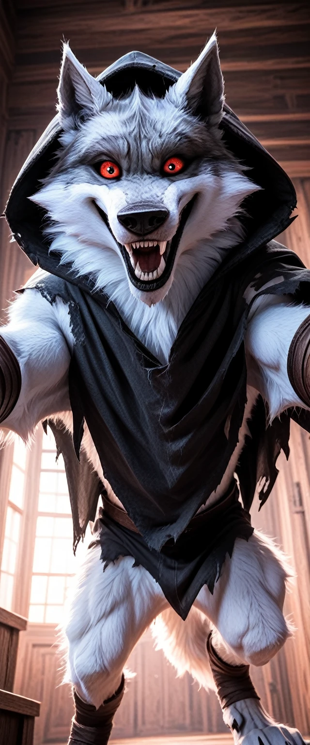 score_9, score_8_up, score_7_up, rating_safe,source_furry,d3ath,
feral, werewolf,biped,
solo, clothing, realistic, torn cloack, hood up, smile,  teeth,  open mouth, looking at viewer, inside, real, headgear, photorealism, 3d \(artwork\),
(outstreched arms, outstretched paws), view from below,
front lighting, frightening,
 