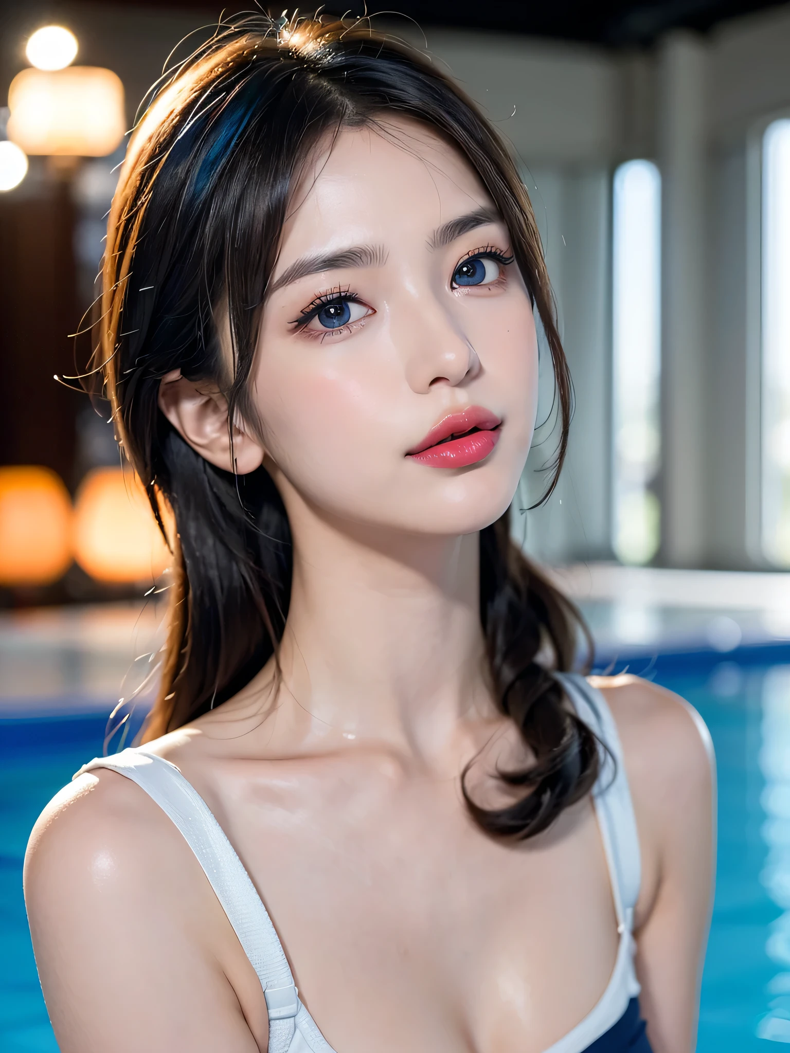 (((sfw:1.5)))、((Near the huge summer pool)), Real、8k、 ((Anatomically correct)),   38 years old、1 female、Huge upper chest:1.5、Big cleavage、round face、Baby Face、Cute Smile、Sunburn、 A close-up of her face:0, Top quality soft lighting,Blue hair color、 ((realistic perfectly round brown_eye:1.3、Big Eyes、Dripping eye)), (Light tan complexion), ((Detailed pupils:1.4)), (Perfect Makeup:1.3), (Symmetrical lips:1.3)),(Bright shiny red_lipstick:1.35), ((Blue eyelashes: 1.17)), (Very detailed, Beautiful little nose:1.2), (Perfect composition), ((Sunburned skin:1.28)), ((Oily skin)), ((The blackＹshirt, The blackチューブトップブラジャー) , The background is simple and blue, The gaze is directed downwards at a low angle、 (((Anatomically correct)))、（Perfect Body Proportions)、(Natural Hands、Natural Fingers、Natural Legs)