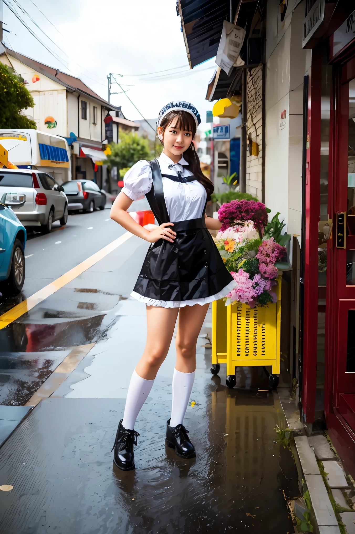 Photo of a cafe, wet street, buildings, busy street, cycle, garbage, nostalgia, ultra quality, hyper detailed, 1 girl in maid costume