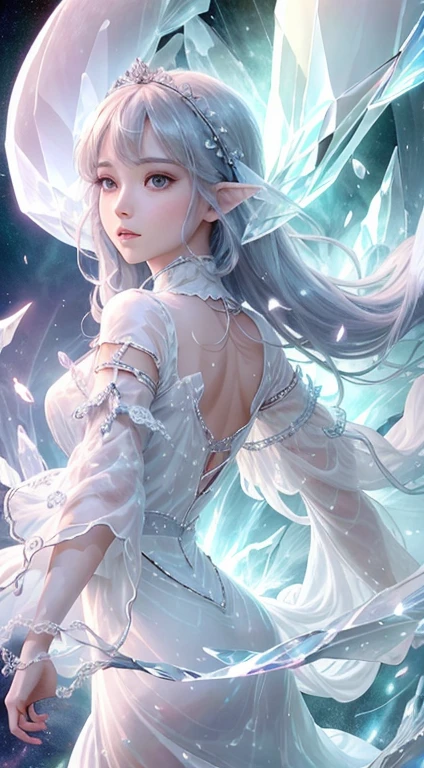 (masterpiece, Highest品質, Highest, Official Art, beautifully、beautiful, Long exposure: 1.2), Smooth movement, Attractive patterns, 1 girl, (Long dress with sleeves: 1.3), (((White clothes) )), Upper Body close-up, Expose your shoulders, Chinese Girl, blush, Black lob hair, Portraiture, alone, Upper Body, Looking at the observer, Detailed Background, Detailed face, (Crystal AI, Crystal Theme:1.1), Elemental Wind Elf, Rotating wind, Controlling the Wind, White crystal clothes, Dynamic pose, Suspended particles, Mysterious Mechanism, whirlwind, vapor, whirlwind in the background, White Tone, whirlwind, Mysterious atmosphere,