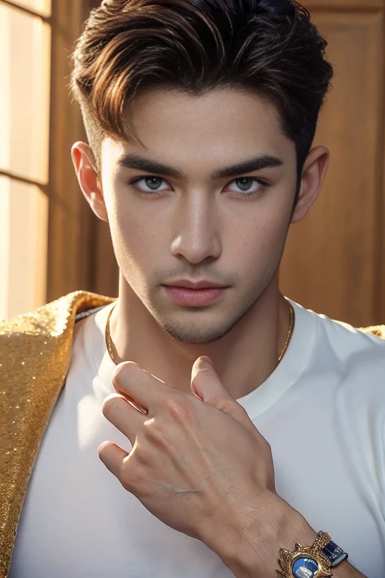 Ultra wide angle,((masterpiece)),((best quality)),8K,High Detail,Very detailed, 2 handsome muscular boys,Very manly,golden brown eyes,Fashionable short hair,Vivid male image, fashion pose, masculine expression,Real skin texture, (((Perfect hand details))),((Real and complete hand details)),Light,
Royal blue style couple,White male model photos