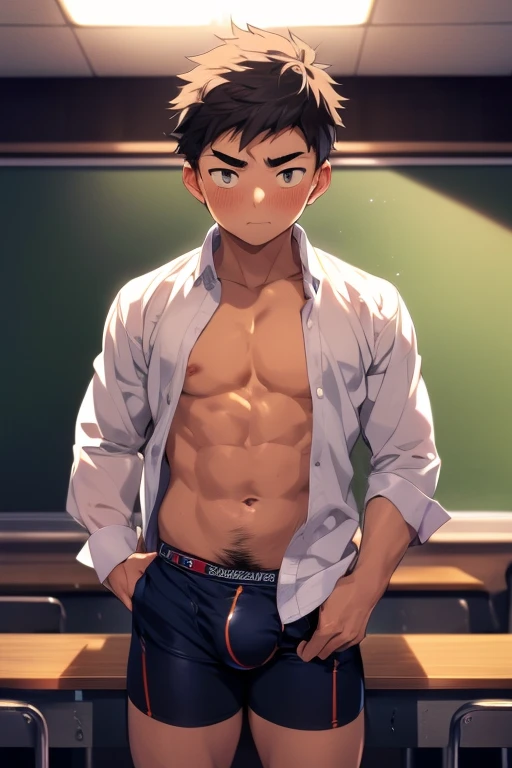 1 boy, , embarrassed, Change of clothes, open shirt, (Undressing), collared shirt, tie, boxer briefs, bulge in crotch, classroom, pubic hair, standing, Masterpiece, Top Quality, High quality, Ultra detailed, insanely detailed, beautiful, anime style
