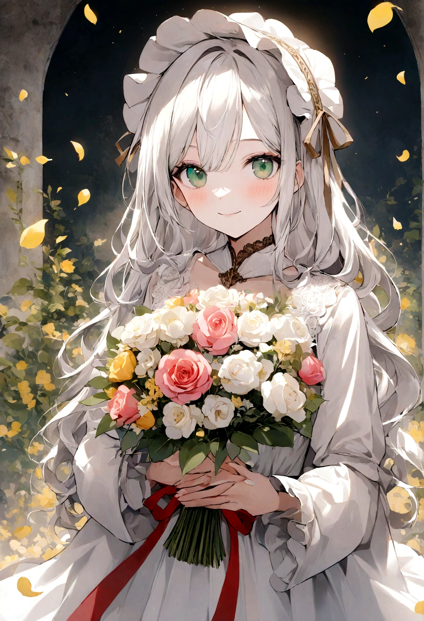 chef-d'artwork, Best quality, 1fille, Seulement, long_cheveux, regarder_has_viewer, white cheveux, Les yeux rouges, sourire, frange, Jupe, chemise, long_manches, hhas, Robe, arc, holding, farm_bouche, fleur, fioritures, cheveux_fleur, Petals, bouquet, holding_fleur, centre_fioritures, bonnet, holding_bouquet, tachi-e, Tout le corps, Fond blanc,