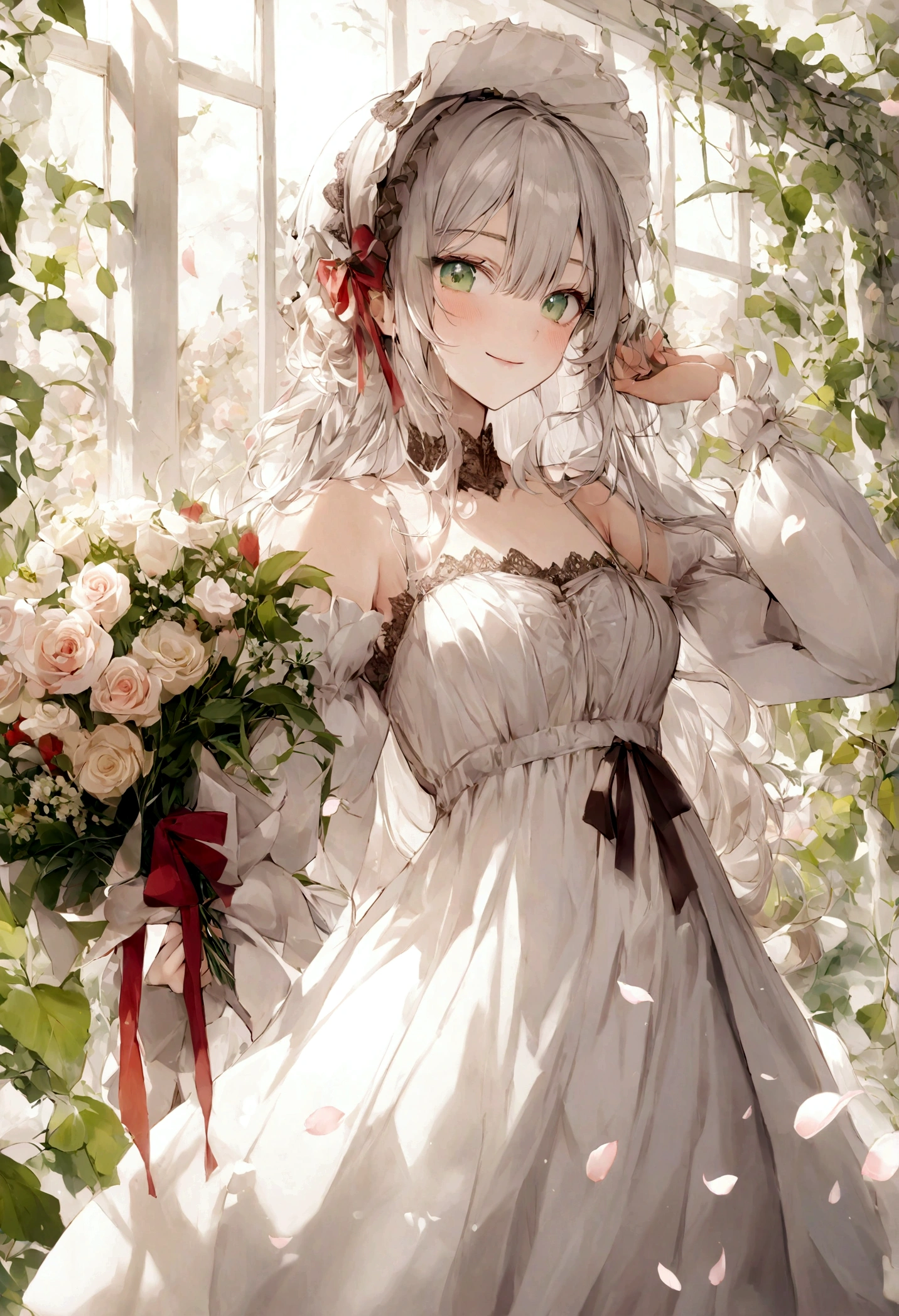 chef-d'artwork, Best quality, 1fille, Seulement, long_cheveux, regarder_has_viewer, white cheveux, Les yeux rouges, sourire, frange, Jupe, chemise, long_manches, hhas, Robe, arc, holding, farm_bouche, fleur, fioritures, cheveux_fleur, Petals, bouquet, holding_fleur, centre_fioritures, bonnet, holding_bouquet, tachi-e, Tout le corps, Fond blanc,