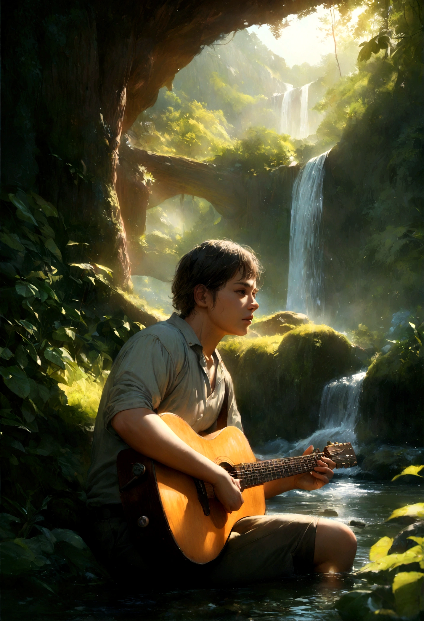 In the style of Studio Ghibli, a boy playing guitar by stream, waterfall, wilderness, realistic, photorealistic, 8k, ultra-detailed, extremely detailed, highly detailed, masterpiece, best quality, vivid colors, natural lighting, dramatic lighting, moody lighting, cinematic, atmospheric, serene, peaceful, tranquil, beautiful, peaceful landscape, lush vegetation, dense foliage, dramatic sky, fluffy clouds, golden hour, dappled sunlight, intricate details, intricate textures, hyper realistic, stunning, breathtaking, amazing, awe-inspiring, flawless