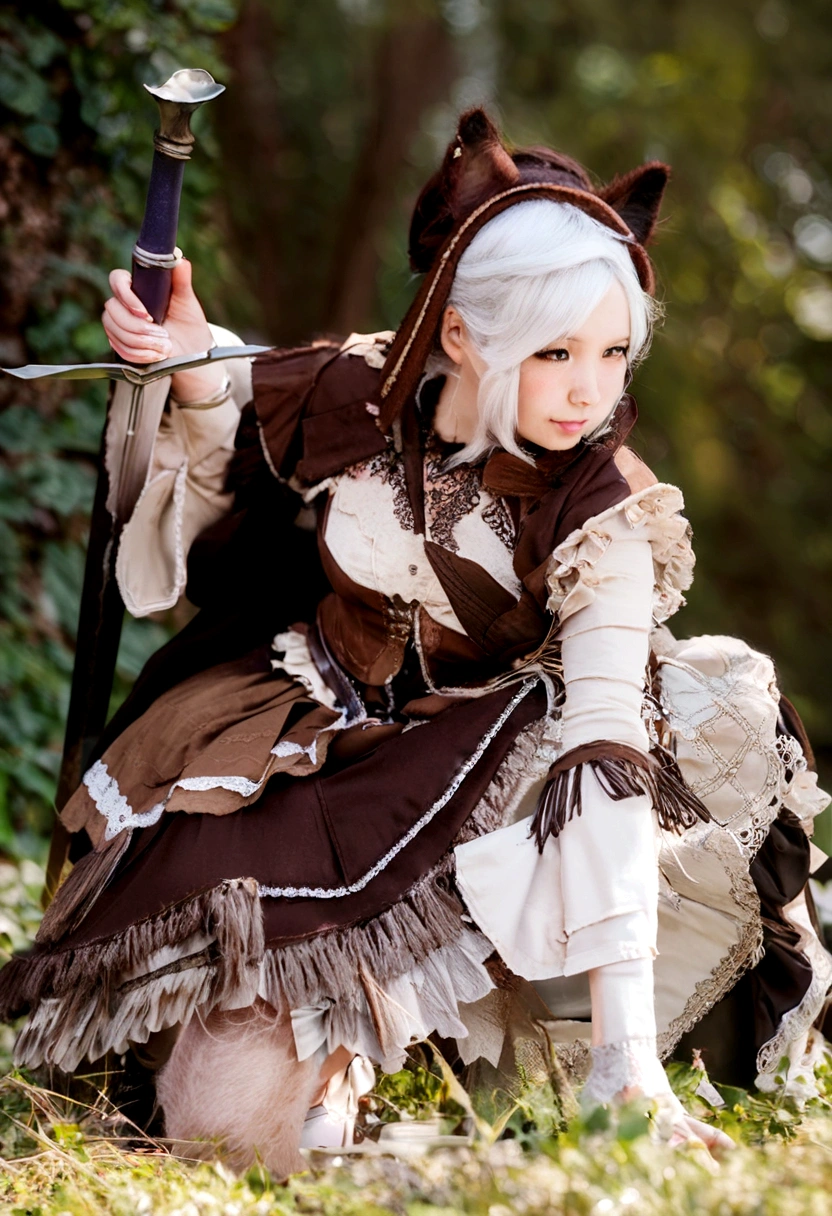 arafed woman in a brown and white outfit holding a sword, anime girl cosplay, anime cosplay, cosplay, cosplay photo, ornate cosplay, victorian gothic lolita fashion, fashionable rpg clothing, cosplayer, cosplay of a catboy! maid! dress, glamourous cosplay, 2 b, 2b, fantasy character photo, steampunk beautiful anime woman, full-cosplay, lolita fashion