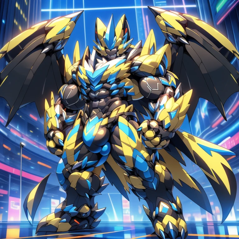 (ZERAORA, 8K), (Zeraora's giant robot, Powered exoskeleton with the same design as Zeraora), (Masterpiece, highres) (Detailed head, Detailed Body, Detailed abs, full body) (gigantic muscles, Gigachad Muscular, big muscle, pecs, triceps, traps, unusually developed muscular body, body full of huge muscles. showing off muscles, pectorales enormes, Exaggeratedly huge muscles.) (nj5furry, The claws are sharp, Sharp teeth, sharp claws), (long legs), (Spread wings, It has wings, have big wings, golden wings), (Wrestling, wrestler, the bodybuilding), (It has wings, whole body shines like metal, Wearing cyberpunk mecha, emphasizes the muscles, suit fully made of metal, intricate armor, Robotic suit, suit fully made of metal, cyborg), (black color hyper penis, hyper black penis), Future city, ((big bulge in pants)