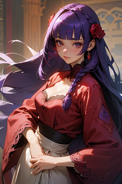 Face close-up、1 girl, Blunt bangs, Braiding, Wide sleeves, hair ornaments,Red and navy lace、(Purple Hair:1.2), Very long hair, Straight hair, Looking at the audience, Highly detailed background, (Realistic:1.2), Beautiful Eyes, Red eyeshadow, Written boundary depth，thigh, (Ulzzang-6500:0.7), Upper Body, (alone:1.2), Cleavage, Shiny skin、Hair blowing in the wind、Four fingers, One thumb、Rose、Floral pattern on clothes、drink alcohol、Please put your hands on your hips、Face close-up、close、Stick your butt out、Laugh gently、