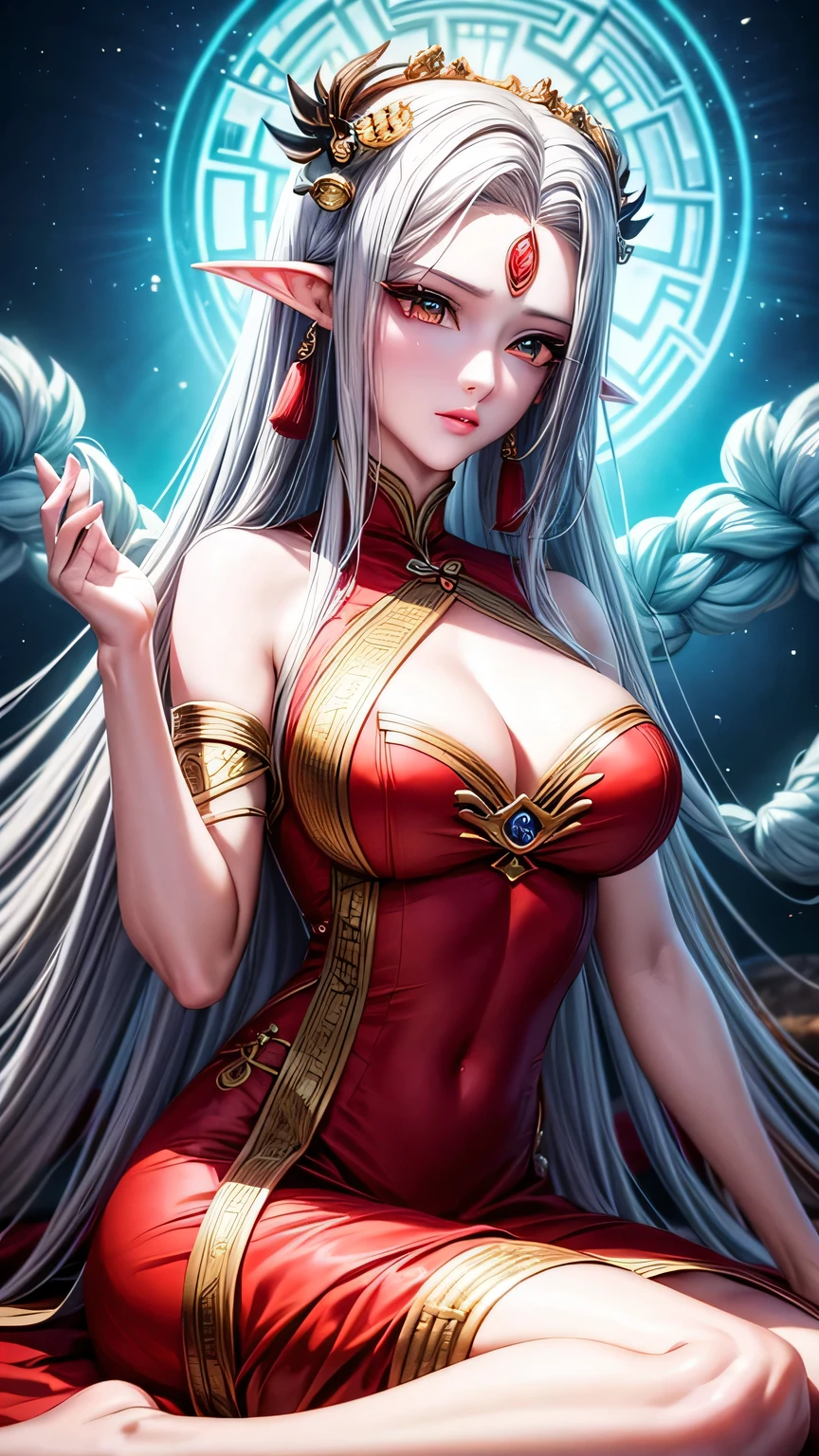 Close-up of a woman wearing a red dress and gold jewelry, （（Elf ears）），Royal sisters，Excellent appearance，Queen Medusa，Beautiful and elegant queen, portrait of queen, xianxia, Beautiful fantasy queen, xianxia fantasy, Beautiful young wind elf, Inspired by trees, ((Beautiful fantasy queen)), Zhao Yun, xianxia hero, 3D animation realistic, full-body xianxia, Smooth anime CG art