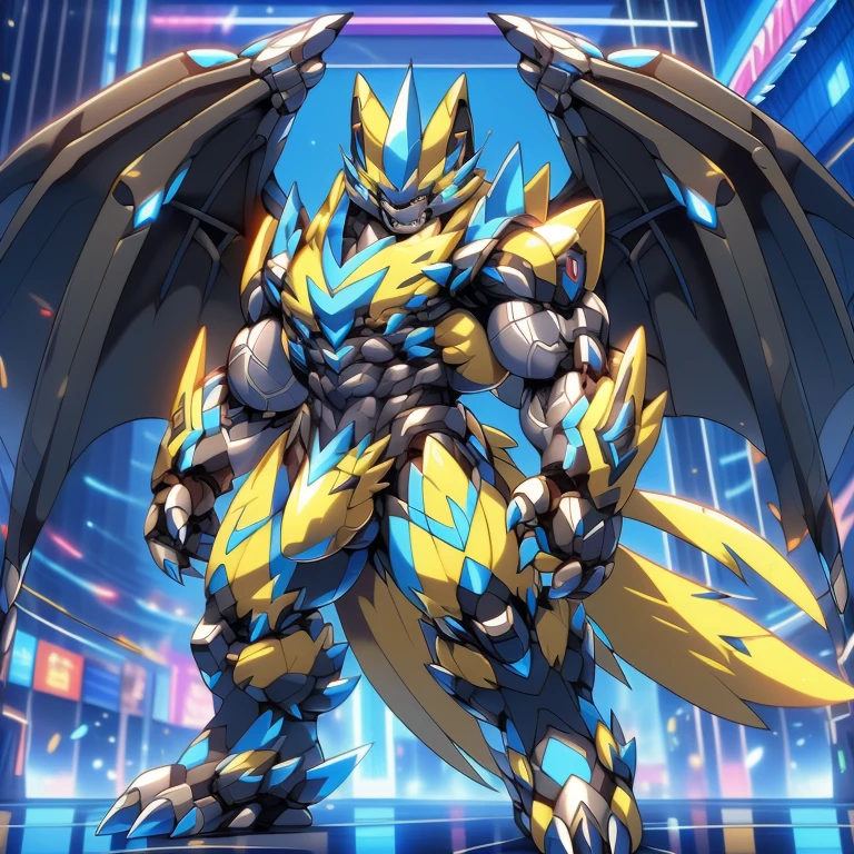 (ZERAORA, 8K), (Zeraora's giant robot, Powered exoskeleton with the same design as Zeraora), (Masterpiece, highres) (Detailed head, Detailed Body, Detailed abs, full body) (gigantic muscles, Gigachad Muscular, big muscle, pecs, triceps, traps, unusually developed muscular body, body full of huge muscles. showing off muscles, pectorales enormes, Exaggeratedly huge muscles.) (nj5furry, The claws are sharp, Sharp teeth, sharp claws), (long legs), (Spread wings, It has wings, have big wings, golden wings), (Wrestling, wrestler, the bodybuilding), (It has wings, whole body shines like metal, Wearing cyberpunk mecha, emphasizes the muscles, suit fully made of metal, intricate armor, Robotic suit, suit fully made of metal, cyborg), (black color hyper penis, hyper black penis), Future city,