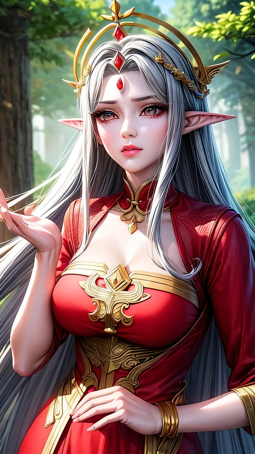 Close-up of a woman wearing a red dress and gold jewelry, （（Elf ears）），Royal sisters，Excellent appearance，Queen Medusa，Beautiful and elegant queen, portrait of queen, xianxia, Beautiful fantasy queen, xianxia fantasy, Beautiful young wind elf, Inspired by trees, ((Beautiful fantasy queen)), Zhao Yun, xianxia hero, 3D animation realistic, full-body xianxia, Smooth anime CG art