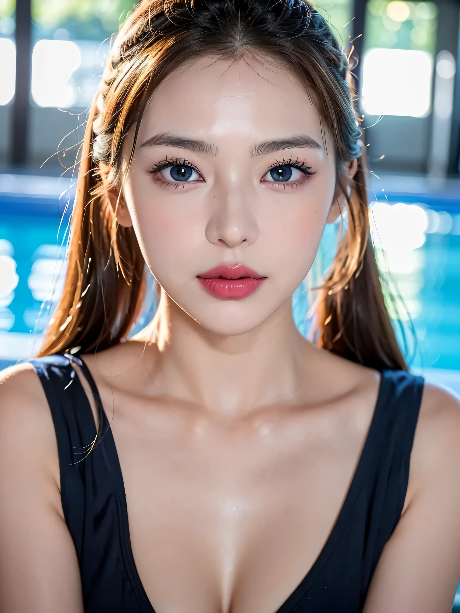 (((sfw:1.5)))、((Near the huge summer pool)), Real、8k、 ((Anatomically correct)),   38 years old、1 female、Huge upper chest:1.5、Big cleavage、round face、Baby Face、Cute Smile、Sunburn、 A close-up of her face:0, Top quality soft lighting,Blue hair color、 ((realistic perfectly round brown_eye:1.3、Big Eyes、Dripping eye)), (Light tan complexion), ((Detailed pupils:1.4)), (Perfect Makeup:1.3), (Symmetrical lips:1.3)),(Bright shiny red_lipstick:1.35), ((Blue eyelashes: 1.17)), (Very detailed, Beautiful little nose:1.2), (Perfect composition), ((Sunburned skin:1.28)), ((Oily skin)), ((The blackＹshirt, The blackチューブトップブラジャー) , The background is simple and blue, The gaze is directed downwards at a low angle、 (((Anatomically correct)))、（Perfect Body Proportions)、(Natural Hands、Natural Fingers、Natural Legs)