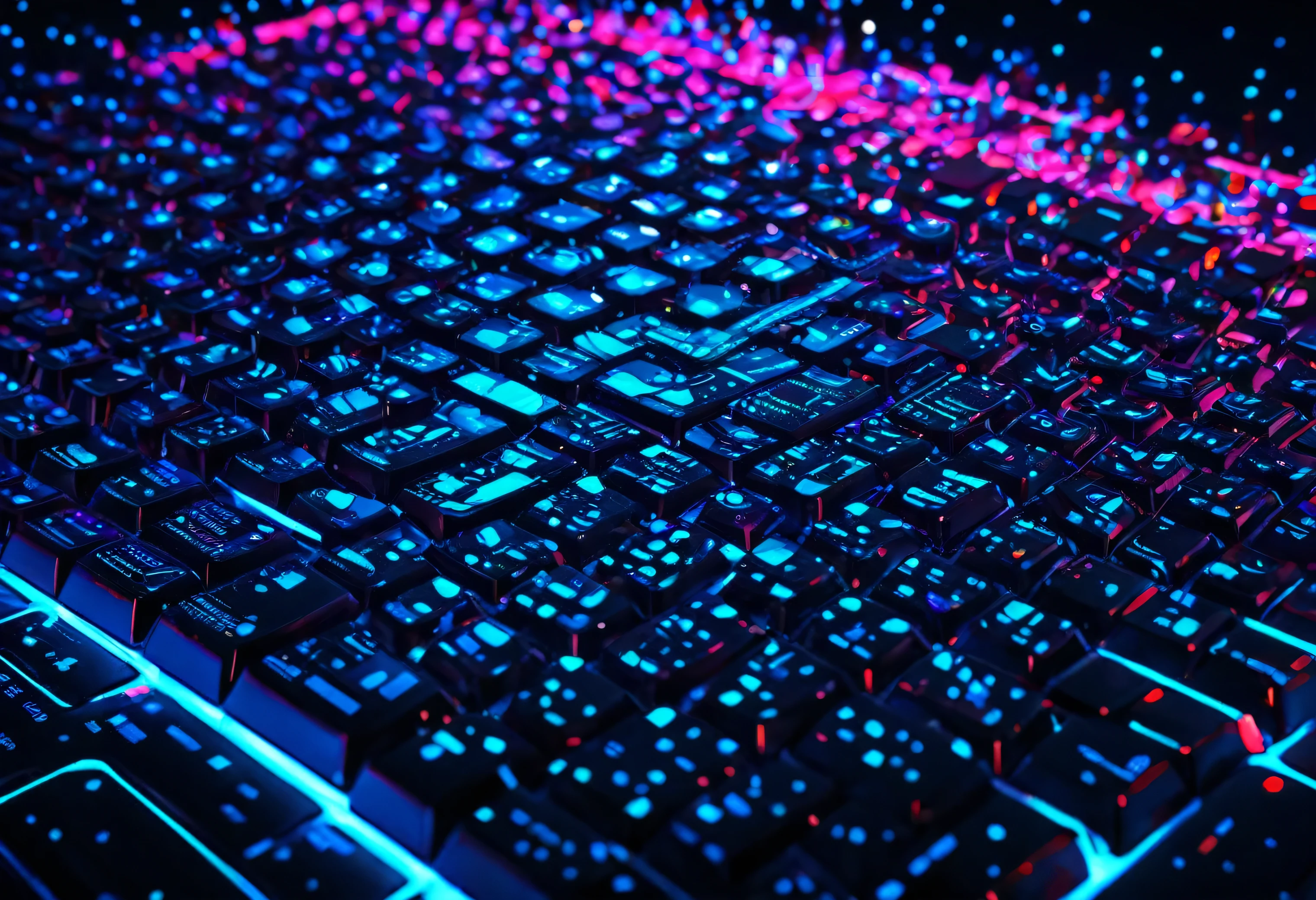 Close-up of a keyboard with many backlit keys., digital art by Julian Allen, shutter stock, digital art, Neon scales and cyborg technology, cyber background, Complex neon circuit patterns, cyber security polygon, Abstract art representing information, abstract technology, neon virtual network, neon light in the background, cyber neon lights, Neon shapes abstract, neon technology projector background