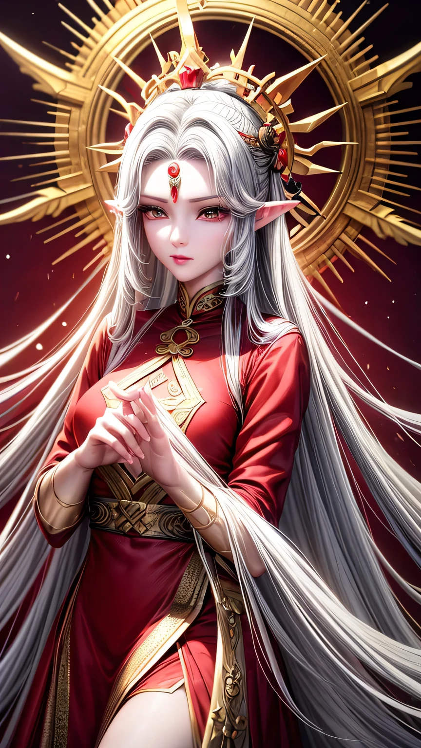 Close-up of a woman wearing a red dress and gold jewelry, （（Elf ears）），Royal sisters，Excellent appearance，Queen Medusa，Beautiful and elegant queen, portrait of queen, xianxia, Beautiful fantasy queen, xianxia fantasy, Beautiful young wind elf, Inspired by trees, ((Beautiful fantasy queen)), Zhao Yun, xianxia hero, 3D animation realistic, full-body xianxia, Smooth anime CG art