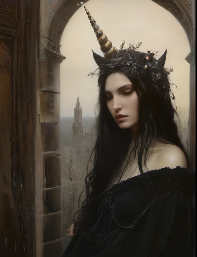 James Gurney, Surrealist art , dream-like, Mysterious, Provocative, symbolic, Complex, detailed,, (Gothic but very beautiful:1.4), (masterpiece, highest quality:1.4) , Nicola Samori Style, siren 、unicorn、Young and beautiful woman