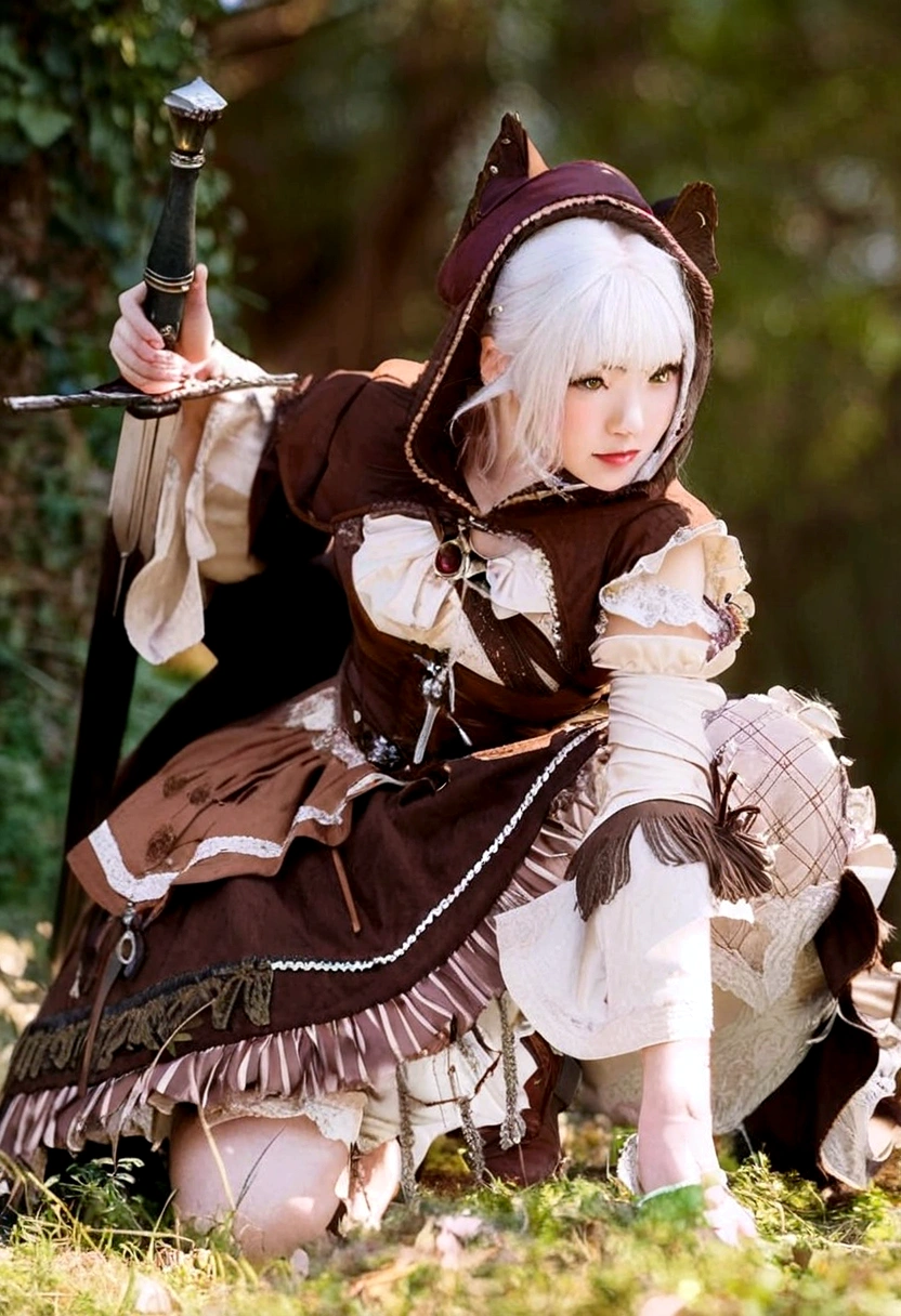 arafed woman in a brown and white outfit holding a sword, anime girl cosplay, anime cosplay, cosplay, cosplay photo, ornate cosplay, victorian gothic lolita fashion, fashionable rpg clothing, cosplayer, cosplay of a catboy! maid! dress, glamourous cosplay, 2 b, 2b, fantasy character photo, steampunk beautiful anime woman, full-cosplay, lolita fashion