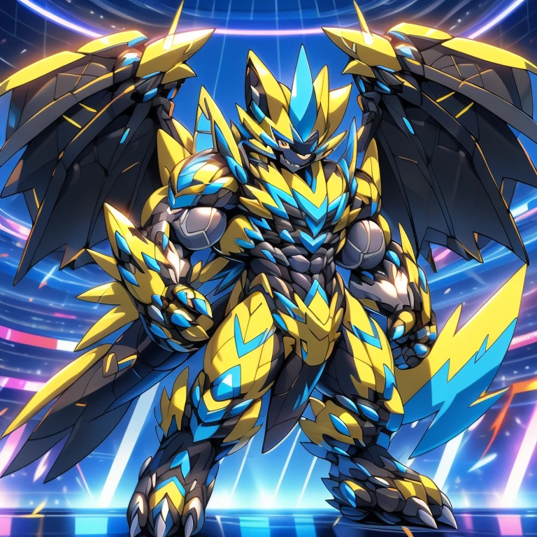 (ZERAORA, 8K), (Zeraora's giant robot, Powered exoskeleton with the same design as Zeraora), (Masterpiece, highres) (Detailed head, Detailed Body, Detailed abs, full body) (gigantic muscles, Gigachad Muscular, big muscle, pecs, triceps, traps, unusually developed muscular body, body full of huge muscles. showing off muscles, pectorales enormes, Exaggeratedly huge muscles.) (nj5furry, The claws are sharp, Sharp teeth, sharp claws), (long legs), (Spread wings, It has wings, have big wings, golden wings), (Wrestling, wrestler, the bodybuilding), (It has wings, whole body shines like metal, Wearing cyberpunk mecha, emphasizes the muscles, suit fully made of metal, intricate armor, Robotic suit, suit fully made of metal, cyborg), (black color hyper , hyper black penisraora with a sword,