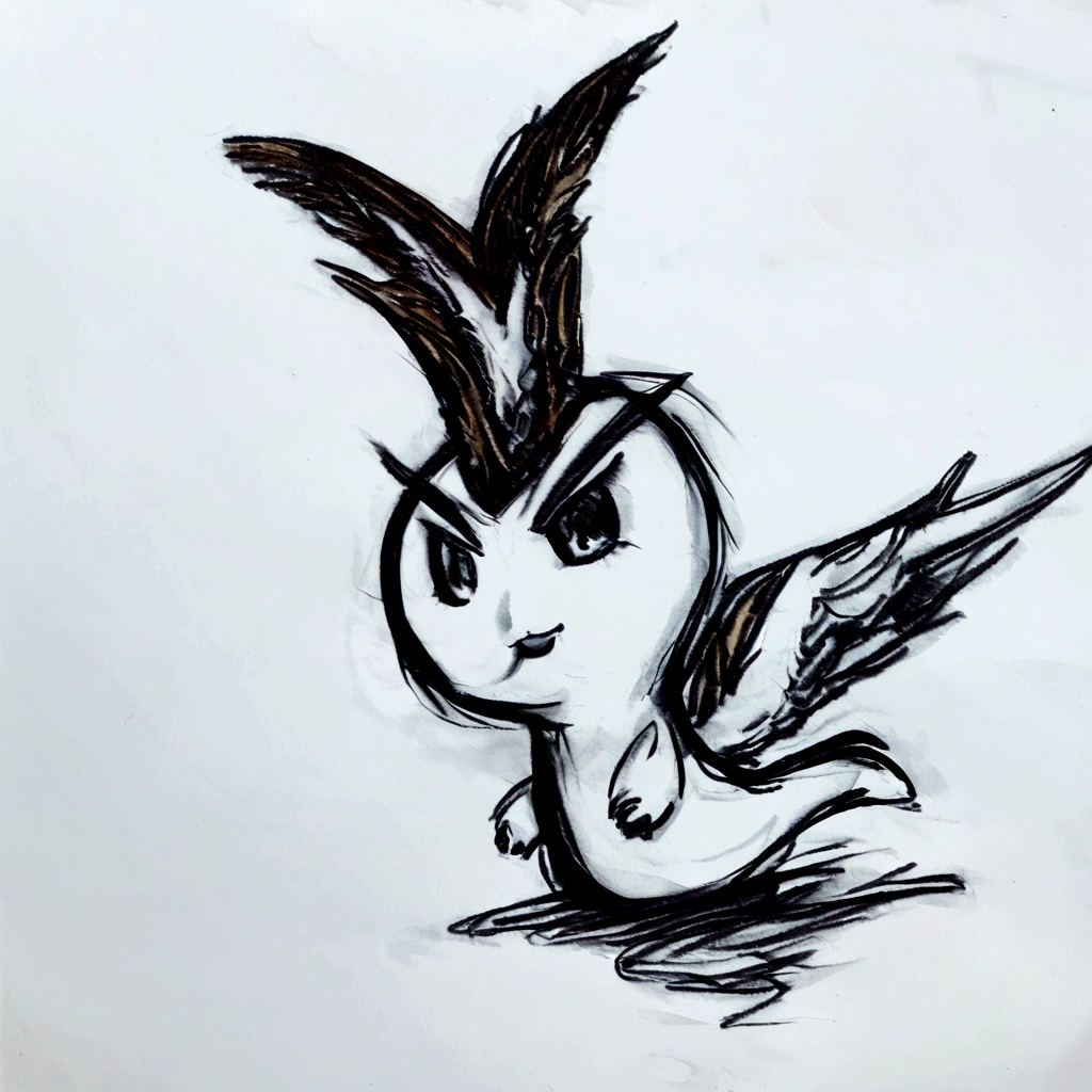 use the image as reference, crie um personagem semelhante aos worms, mas com olhos de chibi, pele cor de rosa, cabelo estiloso moicano com mechas, asas de anjo, inspirado em Sugimura Jihei, conceptual mysterious pokemon, inspirado no Mestre Kanbun, epic, vfx