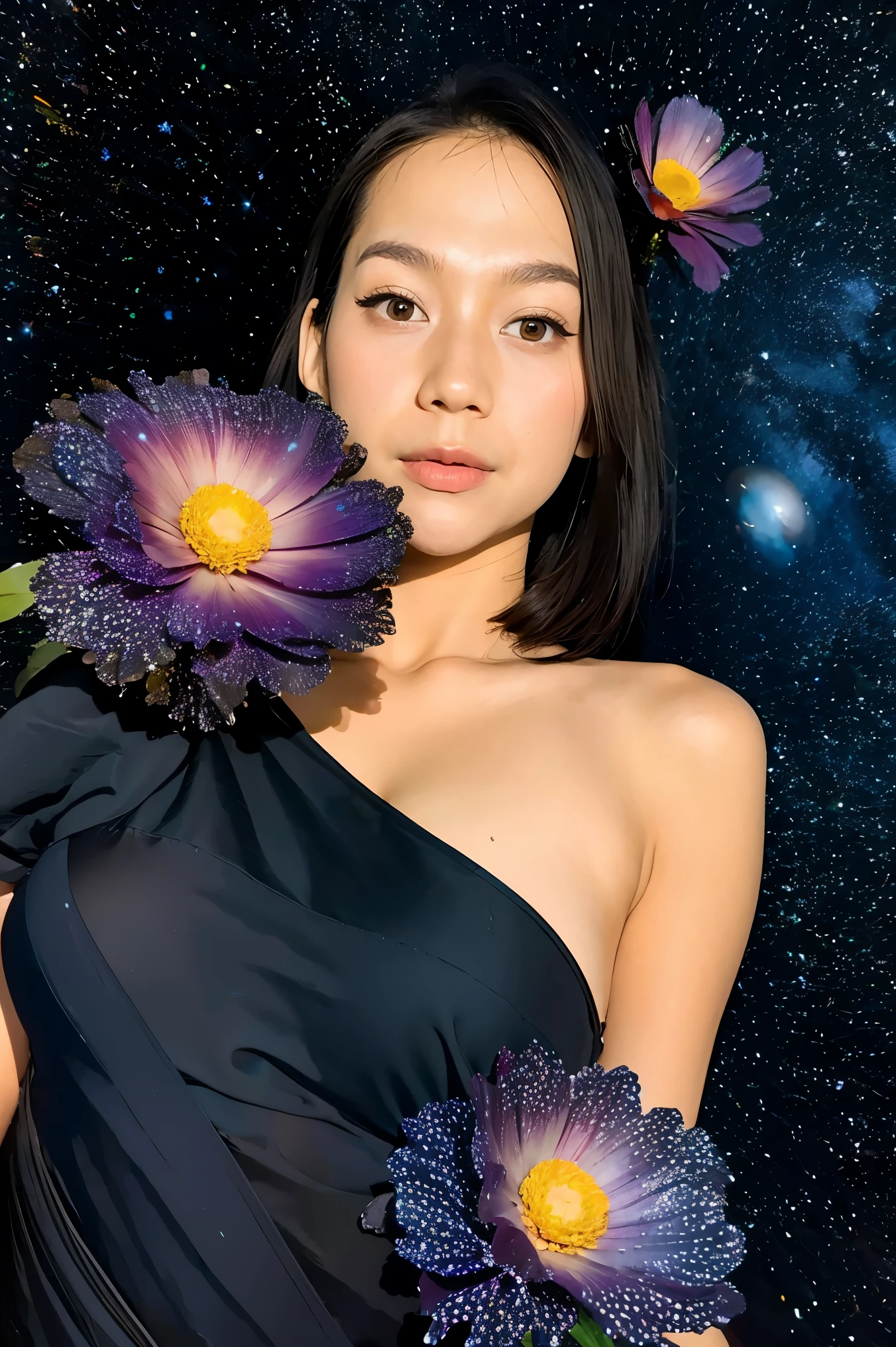 (best quality, masterpiece), 1girl, pose, particle, wind, flower, upper body, simple background, looking at viewer, black wildly hair, cosmic, nebulas, galaxy