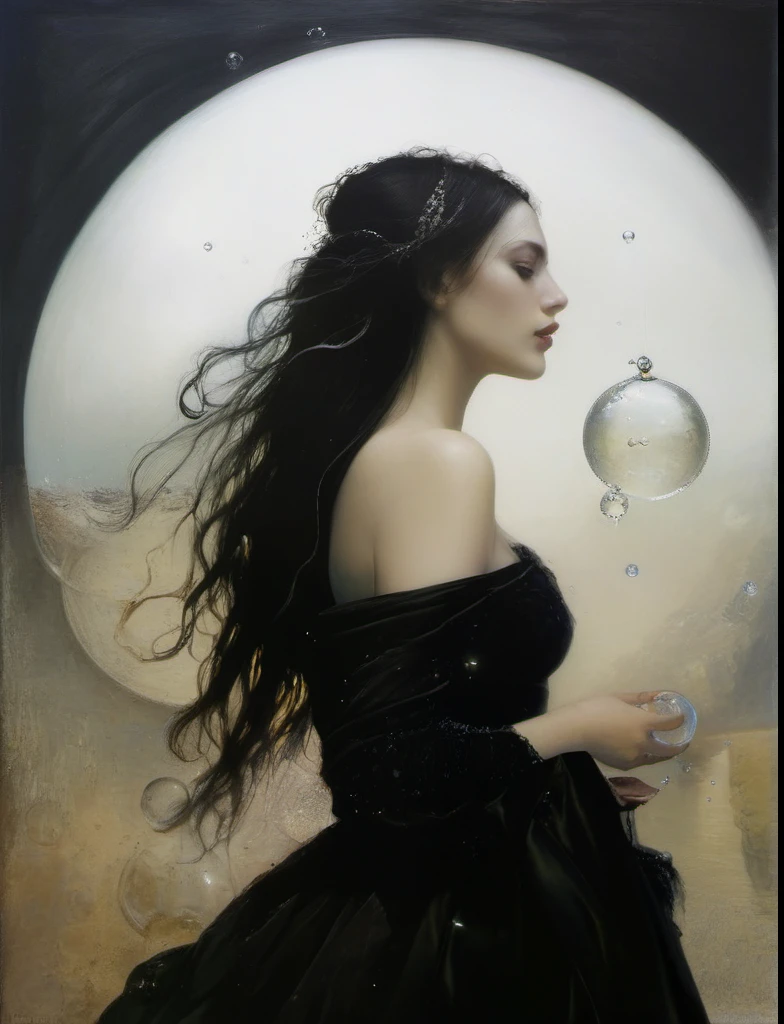 James Gurney, Surrealist art , dream-like, Mysterious, Provocative, symbolic, Complex, detailed,, (Gothic but very beautiful:1.4), (masterpiece, highest quality:1.4) , Nicola Samori Style,Water bubbles、In the water、unicorn、Young and beautiful woman
