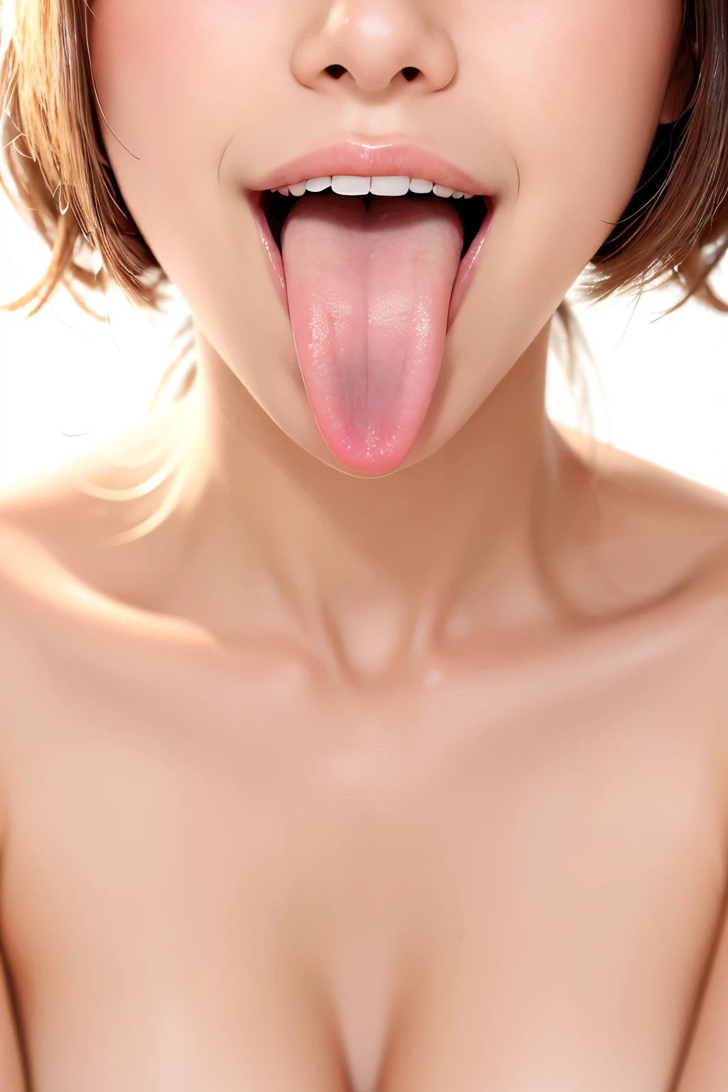 (Tabletop、highest quality、8k、Award-winning works、Ultra-high resolution)、One Woman、(Mouth close-up:1.3)、(Open your mouth and extend your tongue:1.1)、(Perfect beautiful tongue:1.1)、Perfect beautiful lips、smile、(Pure white background:1.2)、nude