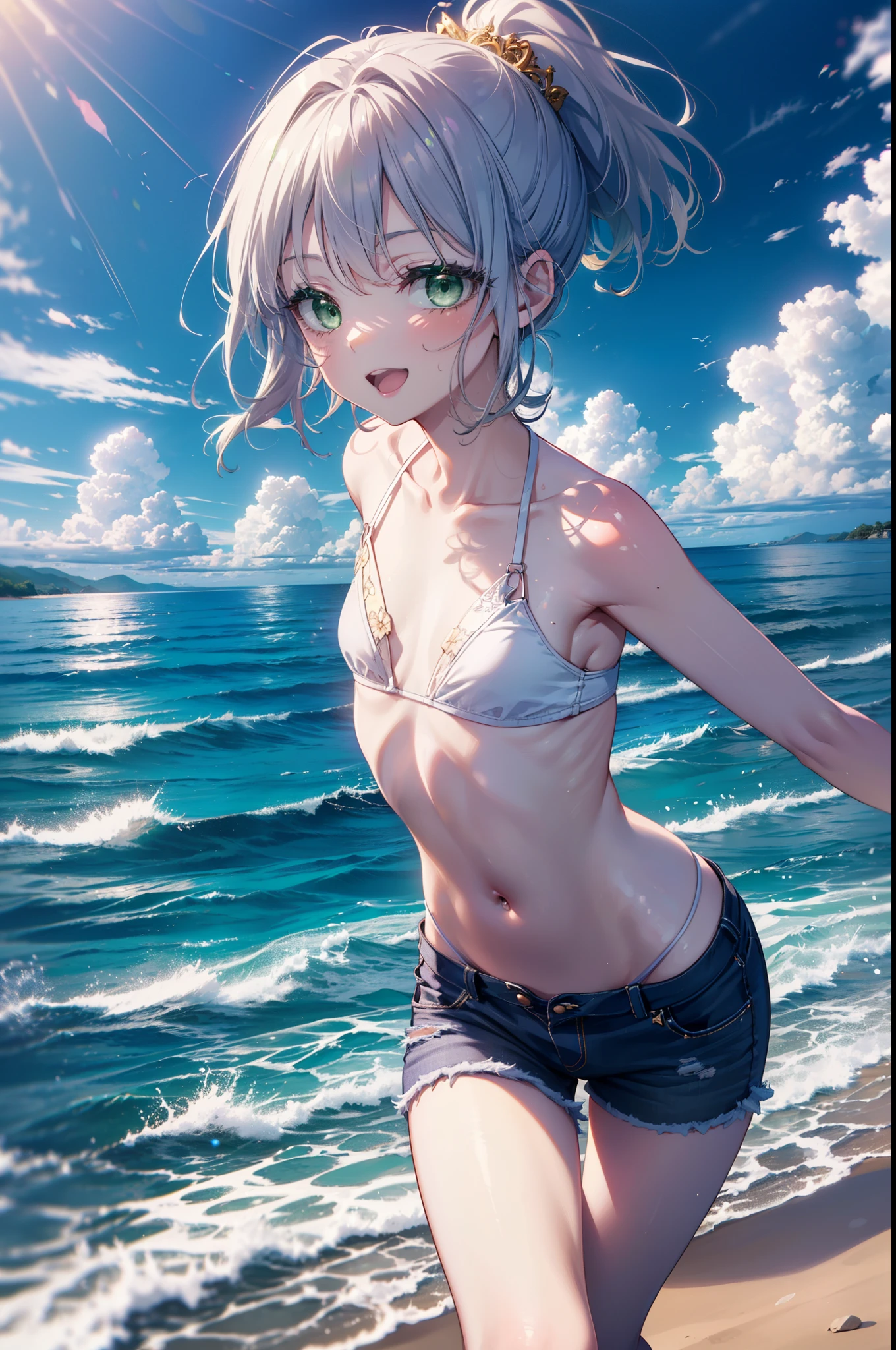 index, index, (Green Eyes:1.5), Silver Hair, Long Hair, (Flat Chest:1.2),happy smile, smile, Open your mouth,White Bikini Swimsuit,Short denim,barefoot,barefoot,ponytail,
壊す looking at viewer, whole body,(Cowboy Shot:1. 5)
Destroy outdoors, Sandy Beach,beach
break (masterpiece:1.2), highest quality, High resolution, unity 8k wallpaper, (figure:0.8), (Beautiful fine details:1.6), Highly detailed face, Perfect lighting, Highly detailed CG, (Perfect hands, Perfect Anatomy),