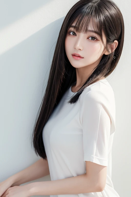 Stylish short sleeve top、Silky Hair、30-year-old woman(背景にWhite wall、Straight hair:1.4)、White wall、In front of the white door、(窓のあるWhite wallの部屋)、((highest quality、8k、masterpiece:1.3))、Ultra-high resolution、(photoGenuineistic:1.4)、RAW Photos、Japanese,(detailed aspects)、Genuine、Photographed in natural light、Highly detailed face and skin texture、Highly detailed lips、The correct state of the human body、Medium Hair、Black Hair、Mr..々Pause、Natural color lip、Shiny Hair、Don'Don'Don't look at the camera、profile