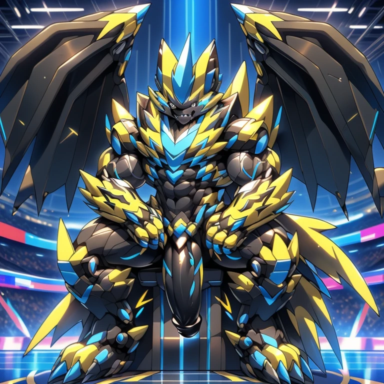 (ZERAORA, 8K), (Zeraora's giant robot, Powered exoskeleton with the same design as Zeraora), (Masterpiece, highres) (Detailed head, Detailed Body, Detailed abs, full body) (gigantic muscles, Gigachad Muscular, big muscle, pecs, triceps, traps, unusually developed muscular body, body full of huge muscles. showing off muscles, pectorales enormes, Exaggeratedly huge muscles.) (nj5furry, The claws are sharp, Sharp teeth, sharp claws), (long legs), (Spread wings, It has wings, have big wings, golden wings), (Wrestling, wrestler, the bodybuilding), (It has wings, whole body shines like metal, Wearing cyberpunk mecha, emphasizes the muscles, suit fully made of metal, intricate armor, Robotic suit, suit fully made of metal, cyborg), (black color hyper , hyper black penistting on the throne,