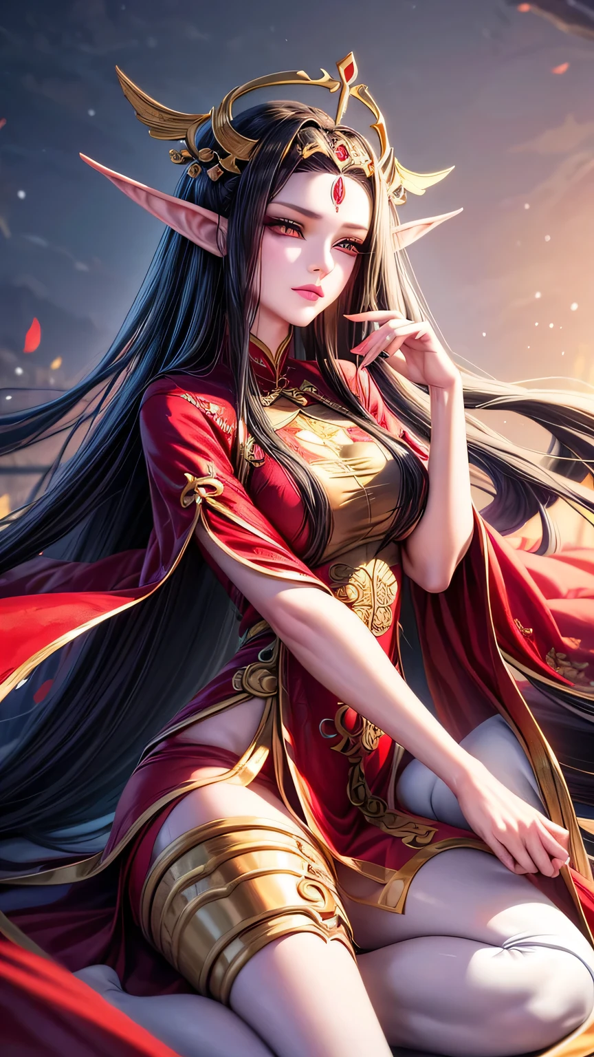 Close-up of a woman wearing a red dress and gold jewelry, ((Elf ears)),Royal sisters,Excellent appearance,Queen Medusa,Beautiful and elegant queen, portrait of queen, xianxia, Beautiful fantasy queen, xianxia fantasy, Beautiful young wind elf, Inspired by trees, ((Beautiful fantasy queen)), Zhao Yun, xianxia hero, 3D animation realistic, full-body xianxia, Smooth anime CG art