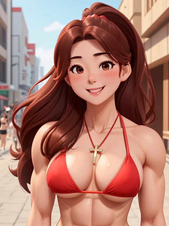 attractive korean woman, ripped muscle, muscular body, small breast, pale skin, smile(blush), red bikini, cross necklace, sixpack abs, [ultra detailed skin:1.2], brown hair, long wavy hair, 8k uhd, pussy, full body, crowd, public, barracks, standing,