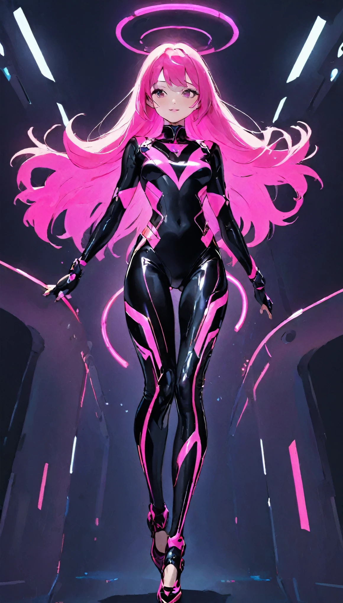 (Highest quality、Masterpiece、Very detailed、4K)、(One woman)、19 years old、(Pink hair on the right side、Left half black hair)、Bodysuits、navel、Thighs、side、smile、(front)