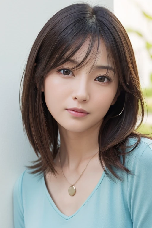 (Highly realistic photos, High resolution, Detailed face, Fine Eyes), ((Photographed in front of a white wall))、Japanese women, 40 years old, A variety of expressions, alone:1, Slim figure, Various Hair Styles, Casual clothing, There is only one person in the photo、Long sleeve dress、Photographed in natural light、Simple Necklace、Spring Clothes、Don't look at the camera、profile、Dark brown hair color