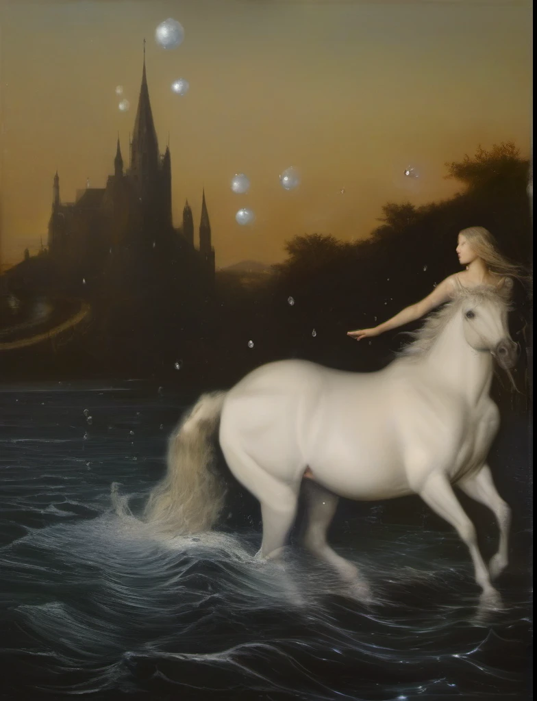 James Gurney, Surrealist art , dream-like, Mysterious, Provocative, symbolic, Complex, detailed,, (Gothic but very beautiful:1.4), (masterpiece, highest quality:1.4) , Nicola Samori Style, siren 、Water bubbles、In the water、Beautiful young woman with a unicorn